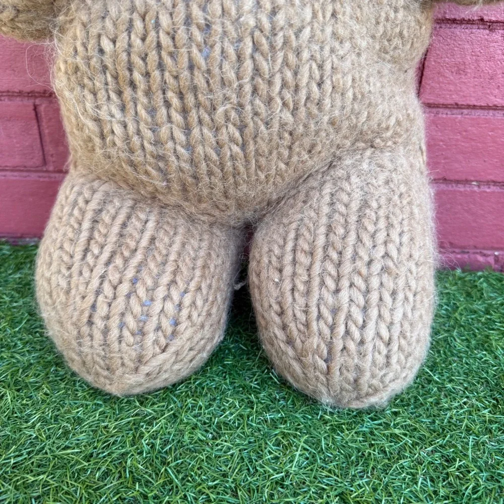 Vtg Hand Knitted Teddy Bear‎ Tan Yarn Red Scarf Bow Stuffed Animal Plush Toy 23